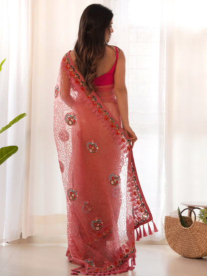 Women's Net Pink Embellished Designer Saree With Blouse Piece