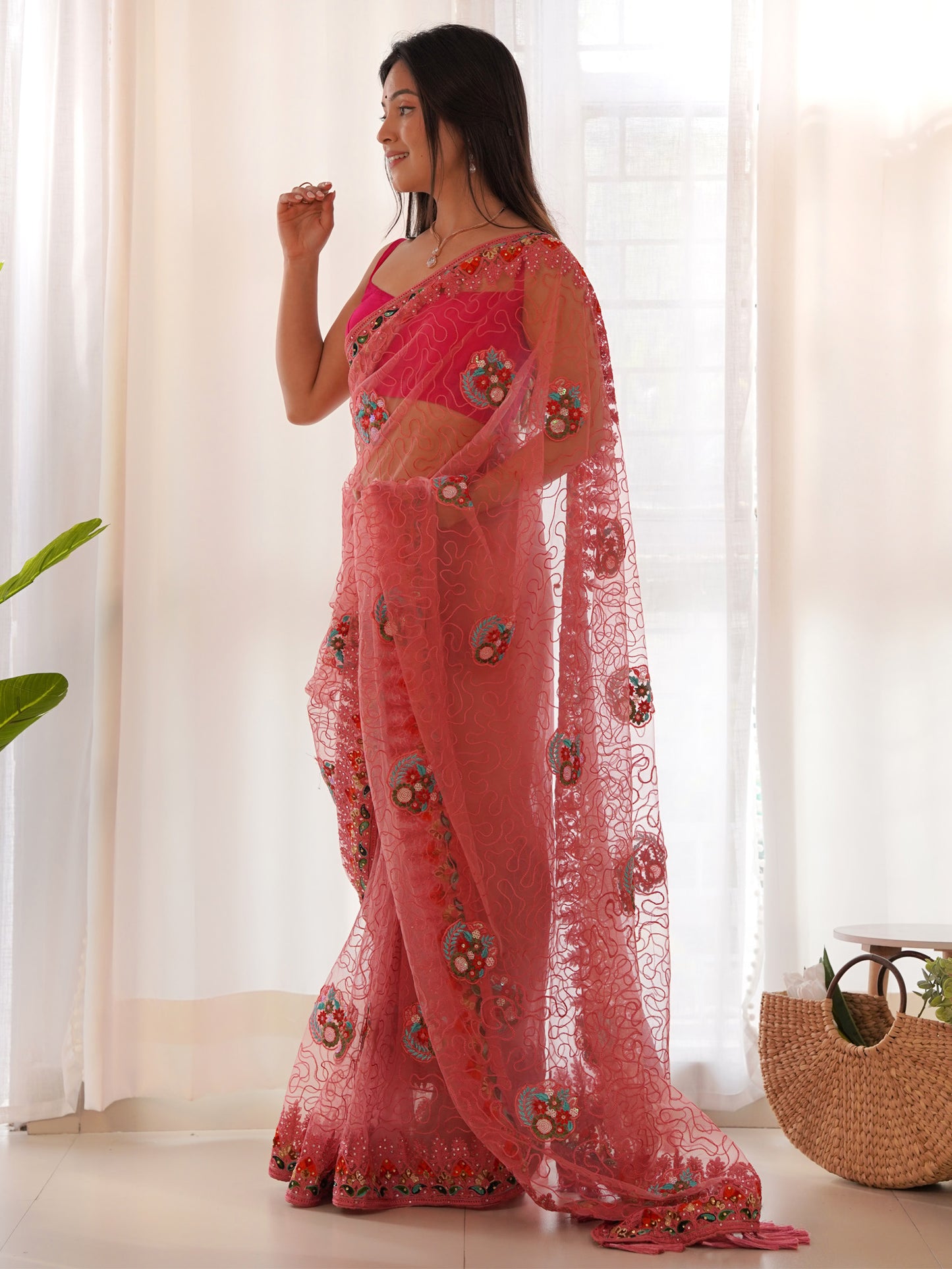 Women's Net Pink Embellished Designer Saree With Blouse Piece