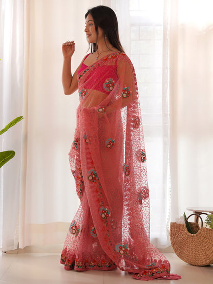 Women's Net Pink Embellished Designer Saree With Blouse Piece