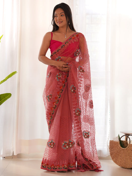 Women's Net Pink Embellished Designer Saree With Blouse Piece