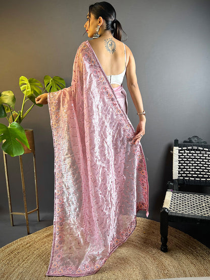 Women's Tissue Pink Embellished Designer Saree With Blouse Piece