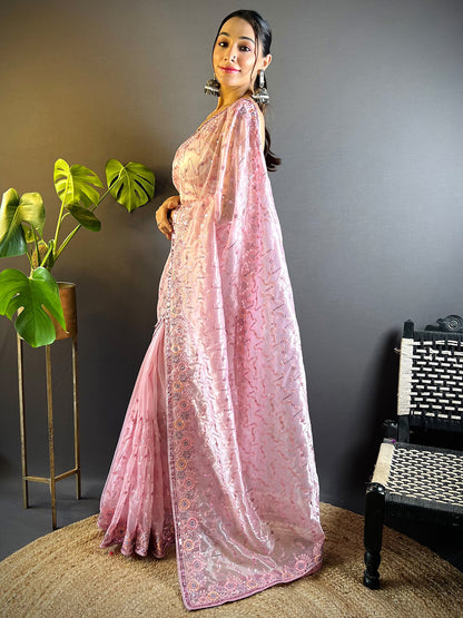 Women's Tissue Pink Embellished Designer Saree With Blouse Piece