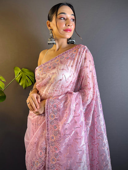 Women's Tissue Pink Embellished Designer Saree With Blouse Piece