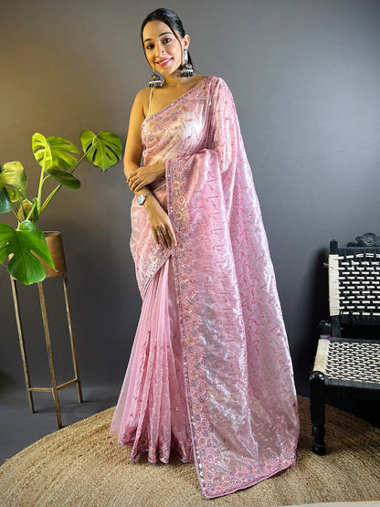Women's Tissue Pink Embellished Designer Saree With Blouse Piece