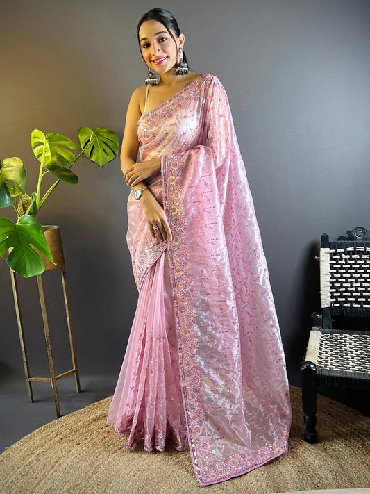 Women's Tissue Pink Embellished Designer Saree With Blouse Piece