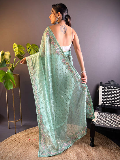 Women's Tissue Sea Green Embellished Designer Saree With Blouse Piece
