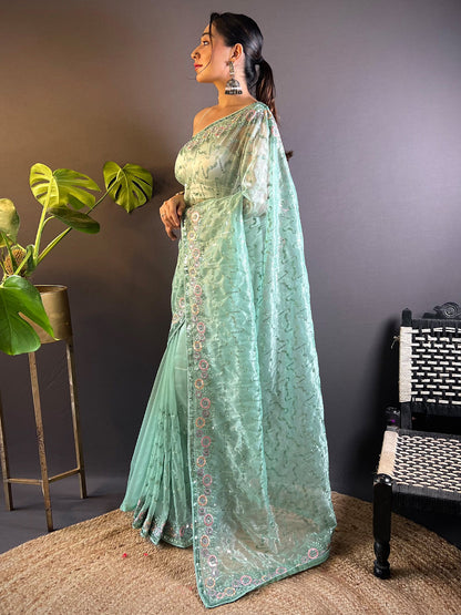 Women's Tissue Sea Green Embellished Designer Saree With Blouse Piece