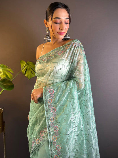 Women's Tissue Sea Green Embellished Designer Saree With Blouse Piece