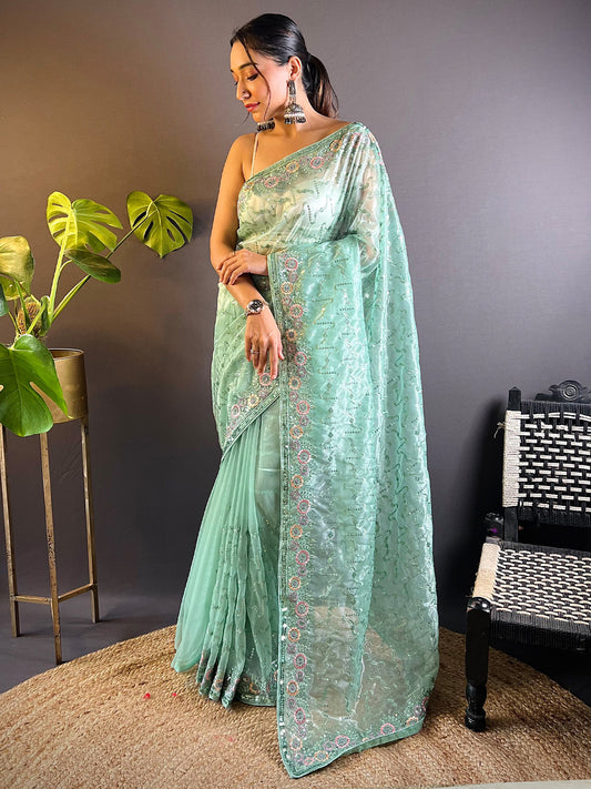 Women's Tissue Sea Green Embellished Designer Saree With Blouse Piece