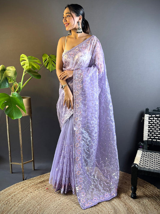 Women's Tissue Lavendar Embellished Designer Saree With Blouse Piece
