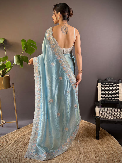 Women's Paper Silk Light Blue Embellished Designer Saree With Blouse Piece