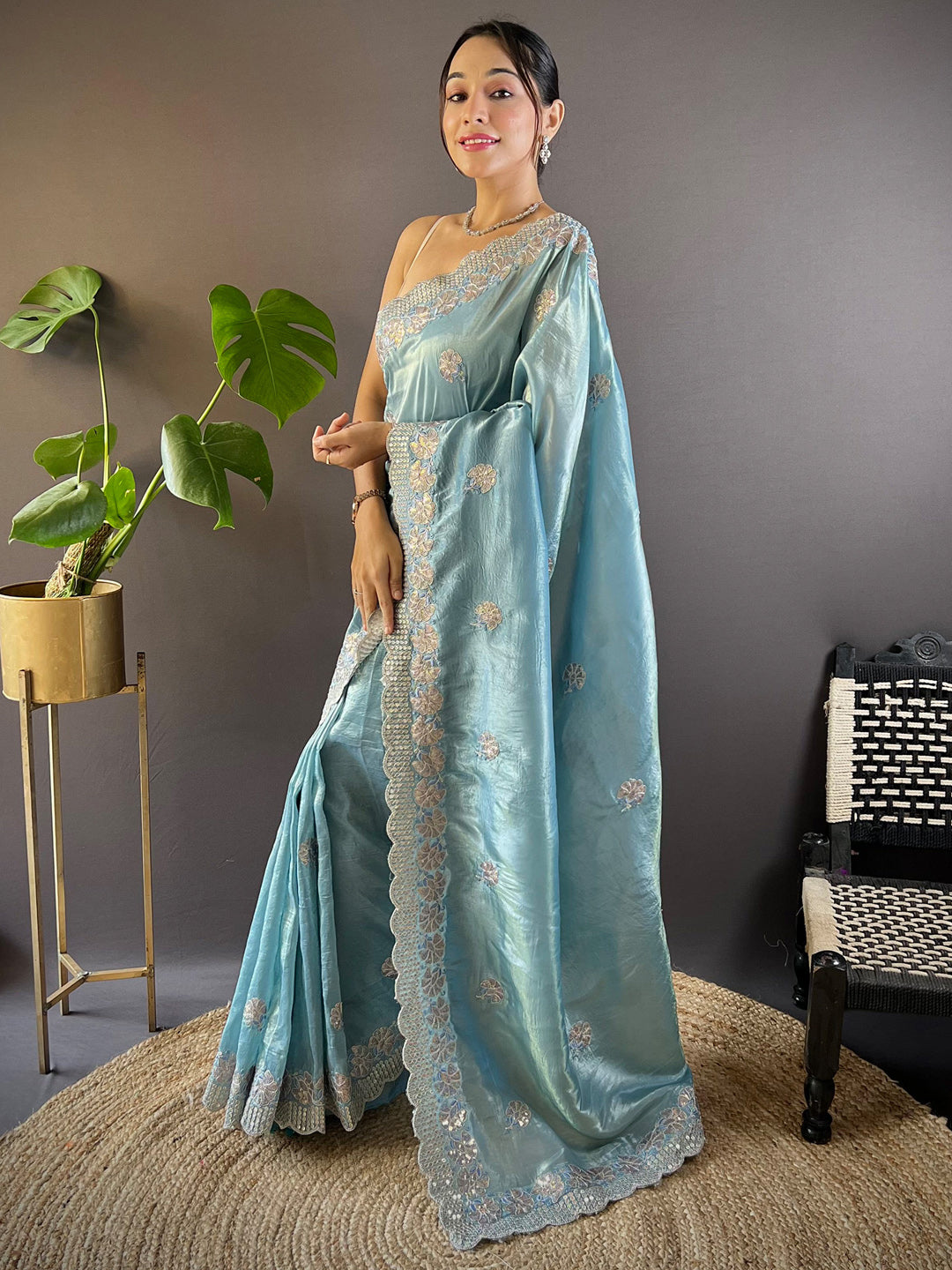 Women's Paper Silk Light Blue Embellished Designer Saree With Blouse Piece