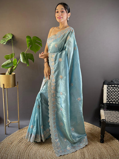 Women's Paper Silk Light Blue Embellished Designer Saree With Blouse Piece