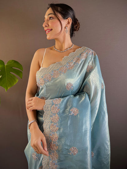 Women's Paper Silk Light Blue Embellished Designer Saree With Blouse Piece