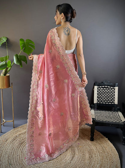 Women's Paper Silk Peach Embellished Designer Saree With Blouse Piece