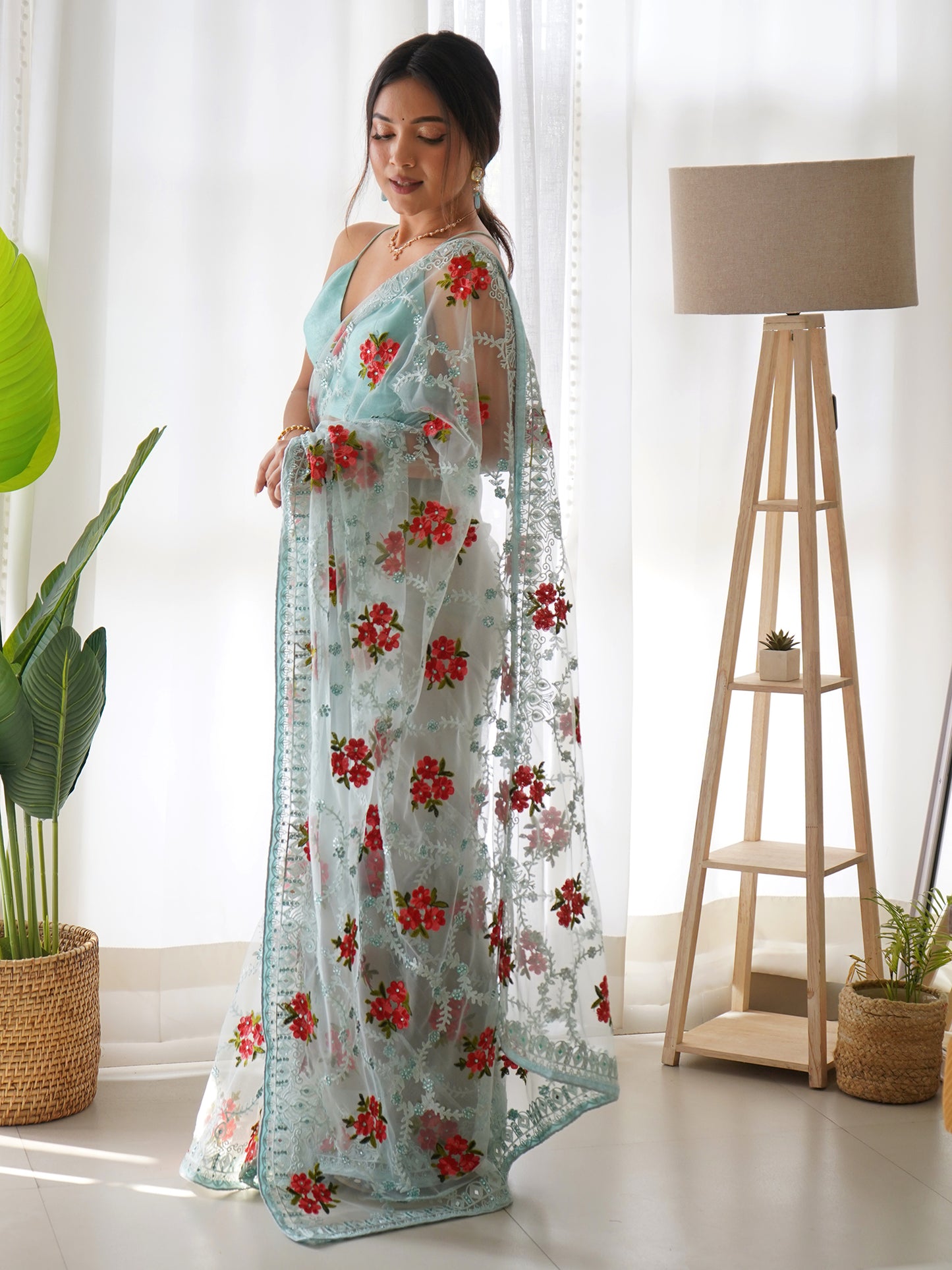 Women's Net Blue Embellished Designer Saree With Blouse Piece