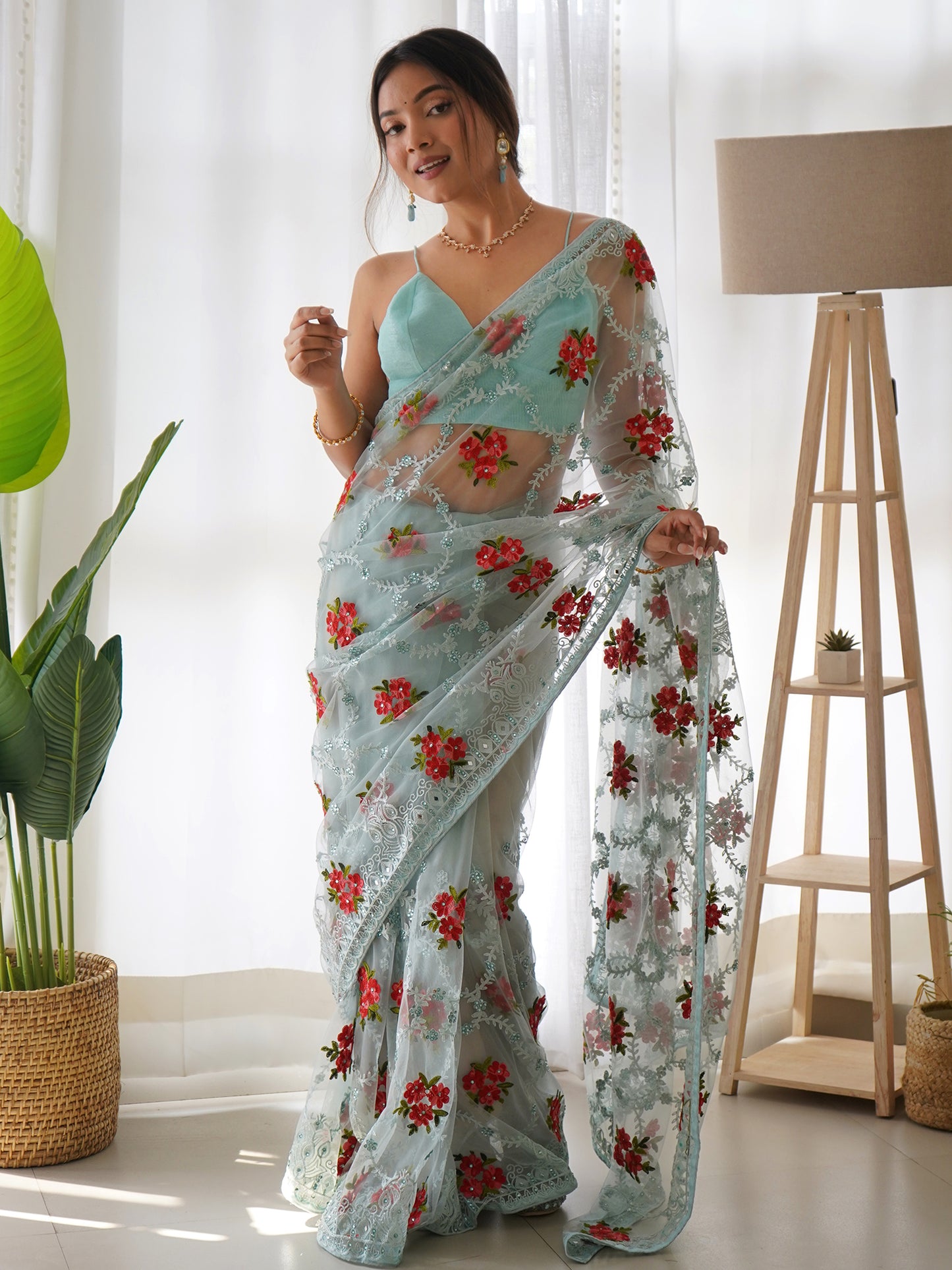 Women's Net Blue Embellished Designer Saree With Blouse Piece