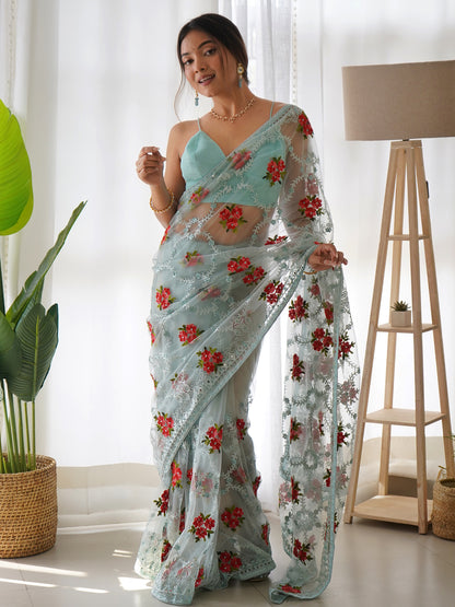 Women's Net Blue Embellished Designer Saree With Blouse Piece