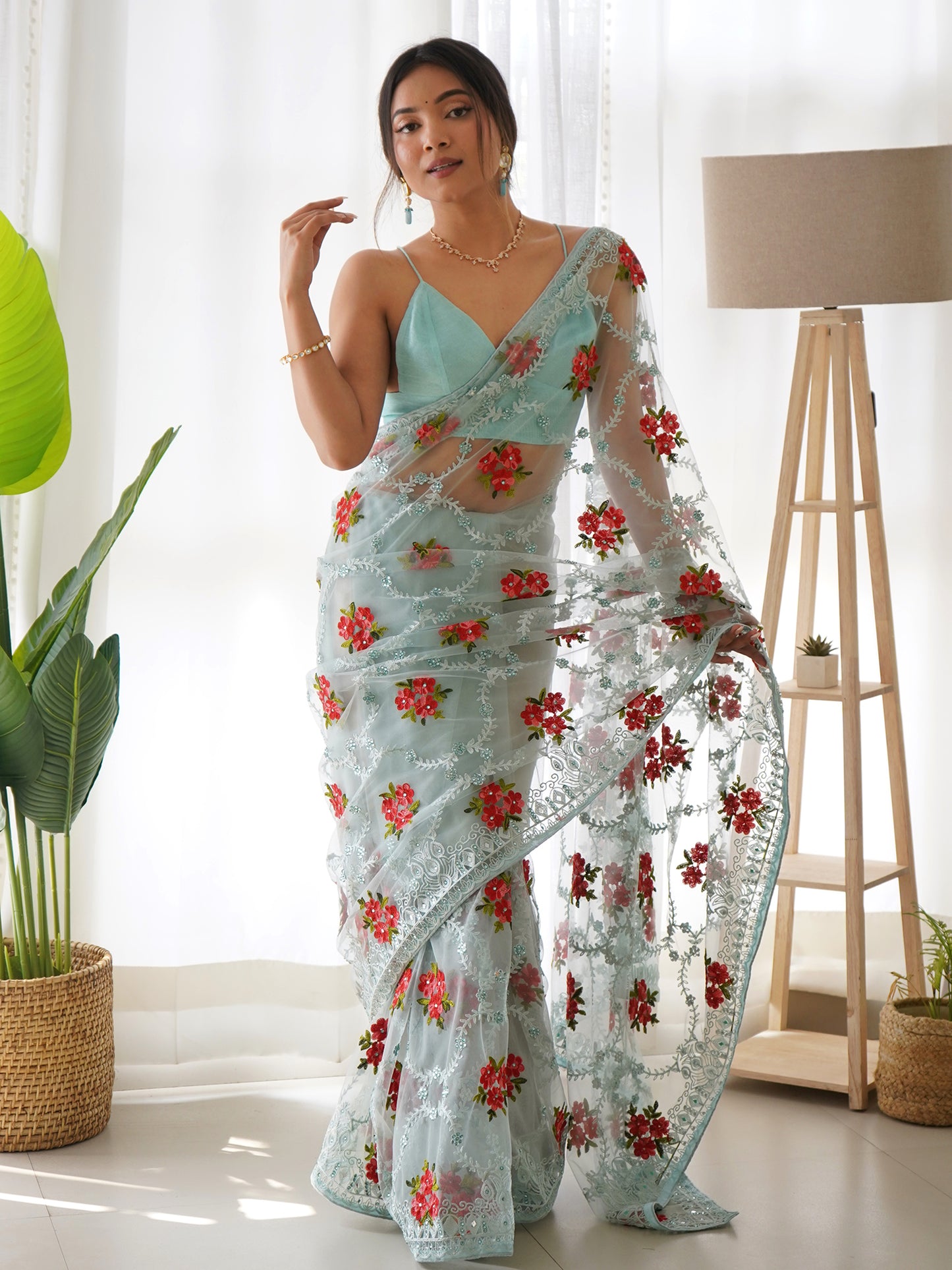 Women's Net Blue Embellished Designer Saree With Blouse Piece