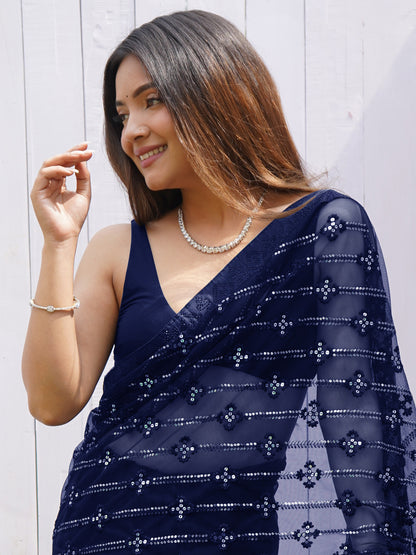 Women's Net Navy Blue Embellished Designer Saree With Blouse Piece