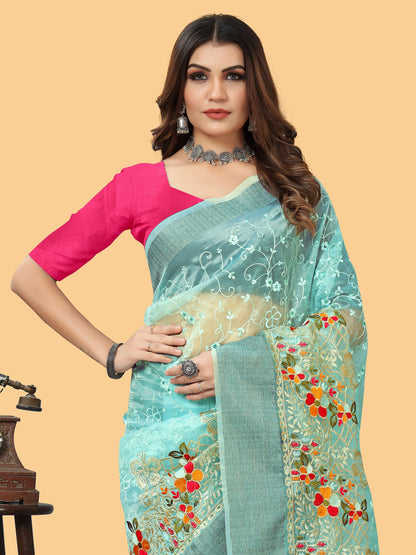Women's Organza Blue Embroidered Designer Saree With Blouse Piece