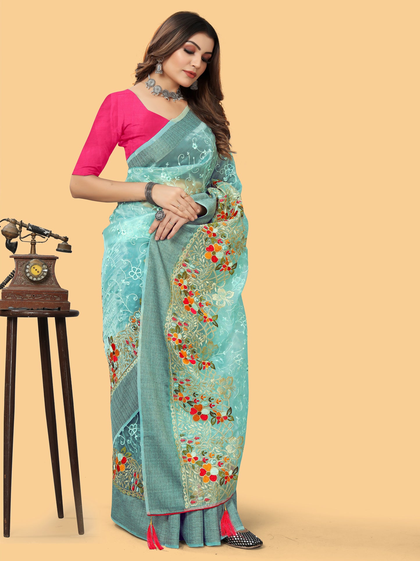 Women's Organza Blue Embroidered Designer Saree With Blouse Piece