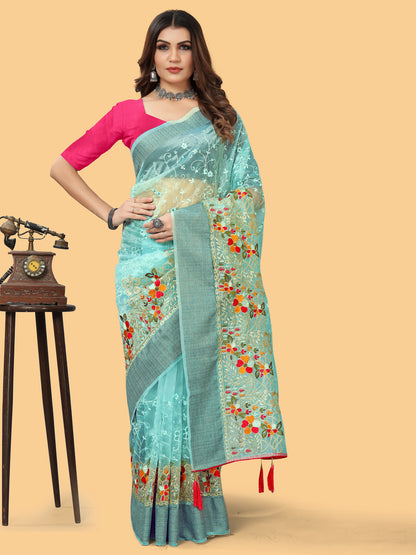Women's Organza Blue Embroidered Designer Saree With Blouse Piece