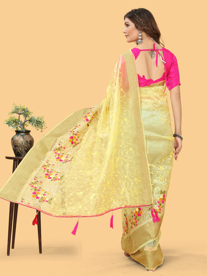 Women's Organza Yellow Embroidered Designer Saree With Blouse Piece