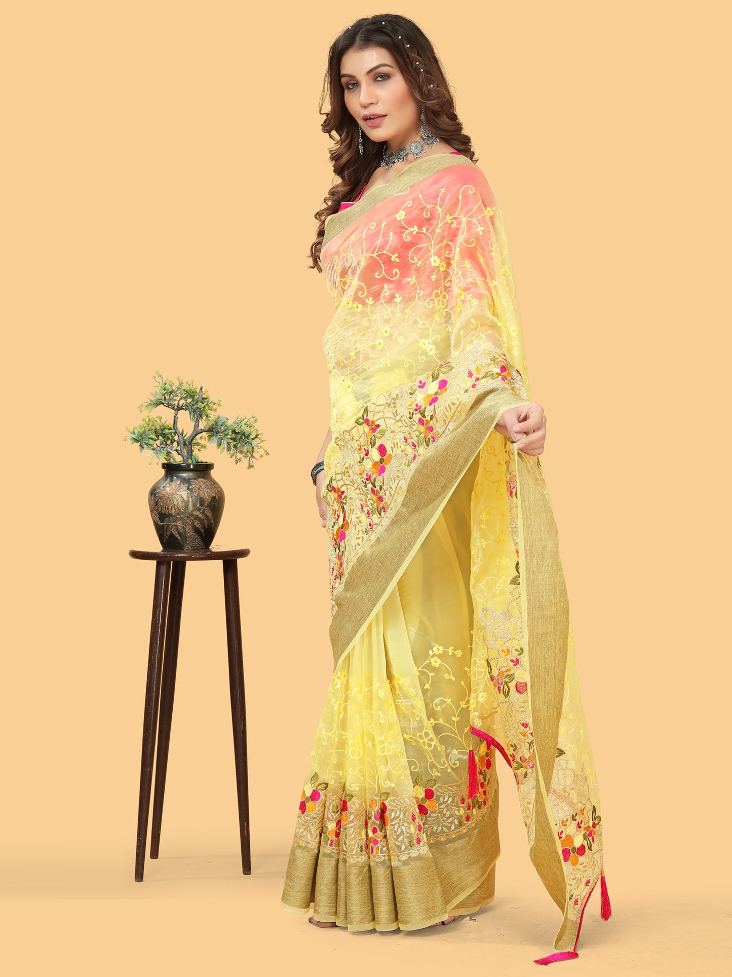 Women's Organza Yellow Embroidered Designer Saree With Blouse Piece