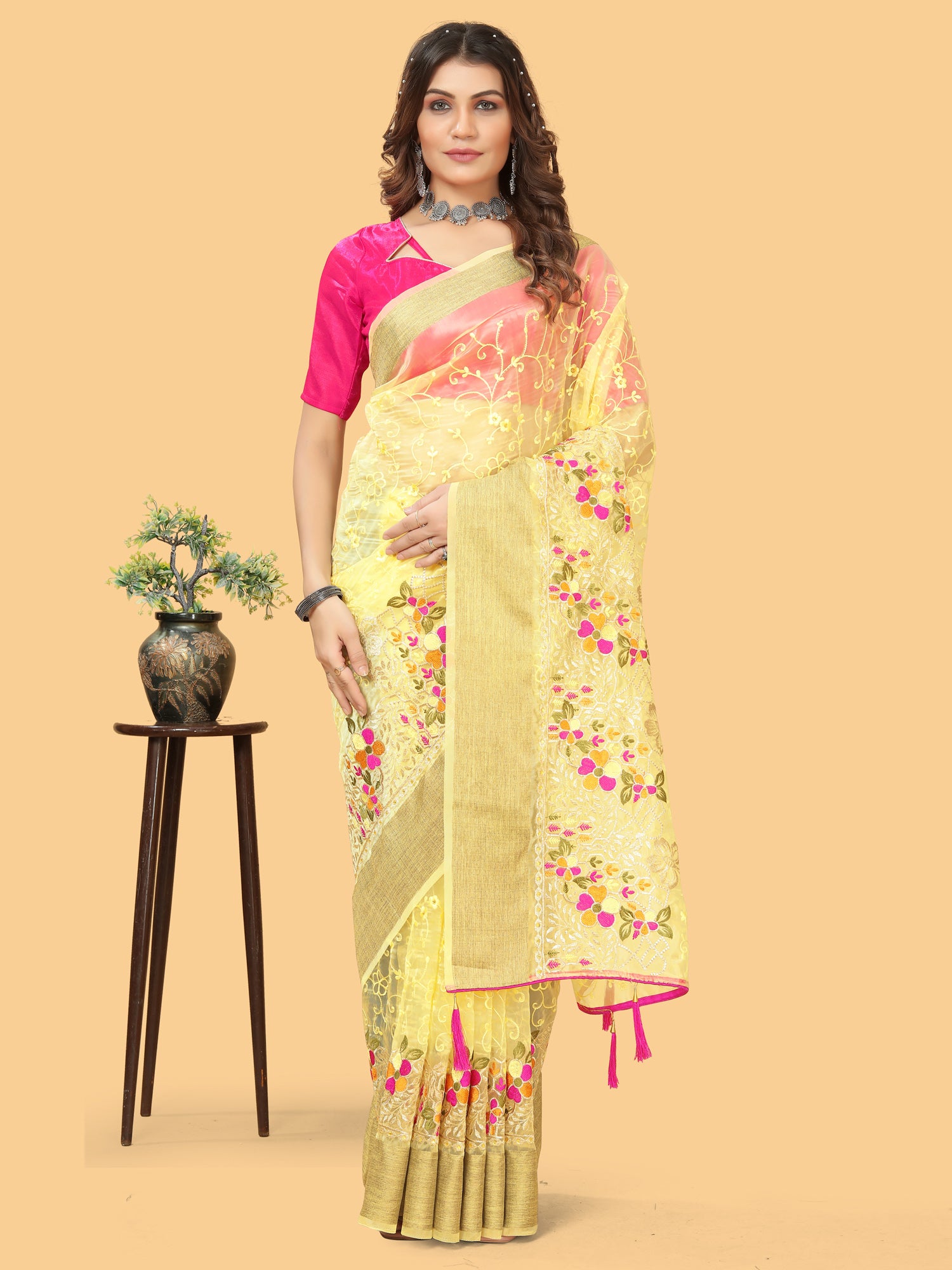 Women's Organza Yellow Embroidered Designer Saree With Blouse Piece