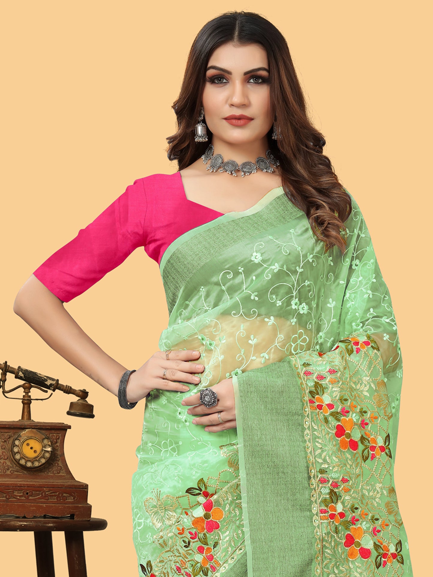 Women's Organza Light Green Embroidered Designer Saree With Blouse Piece