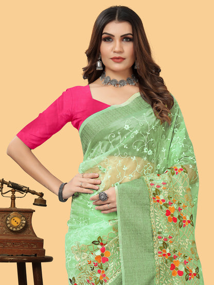 Women's Organza Light Green Embroidered Designer Saree With Blouse Piece