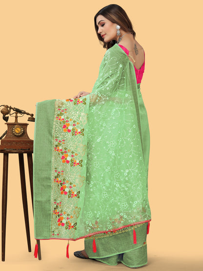 Women's Organza Light Green Embroidered Designer Saree With Blouse Piece