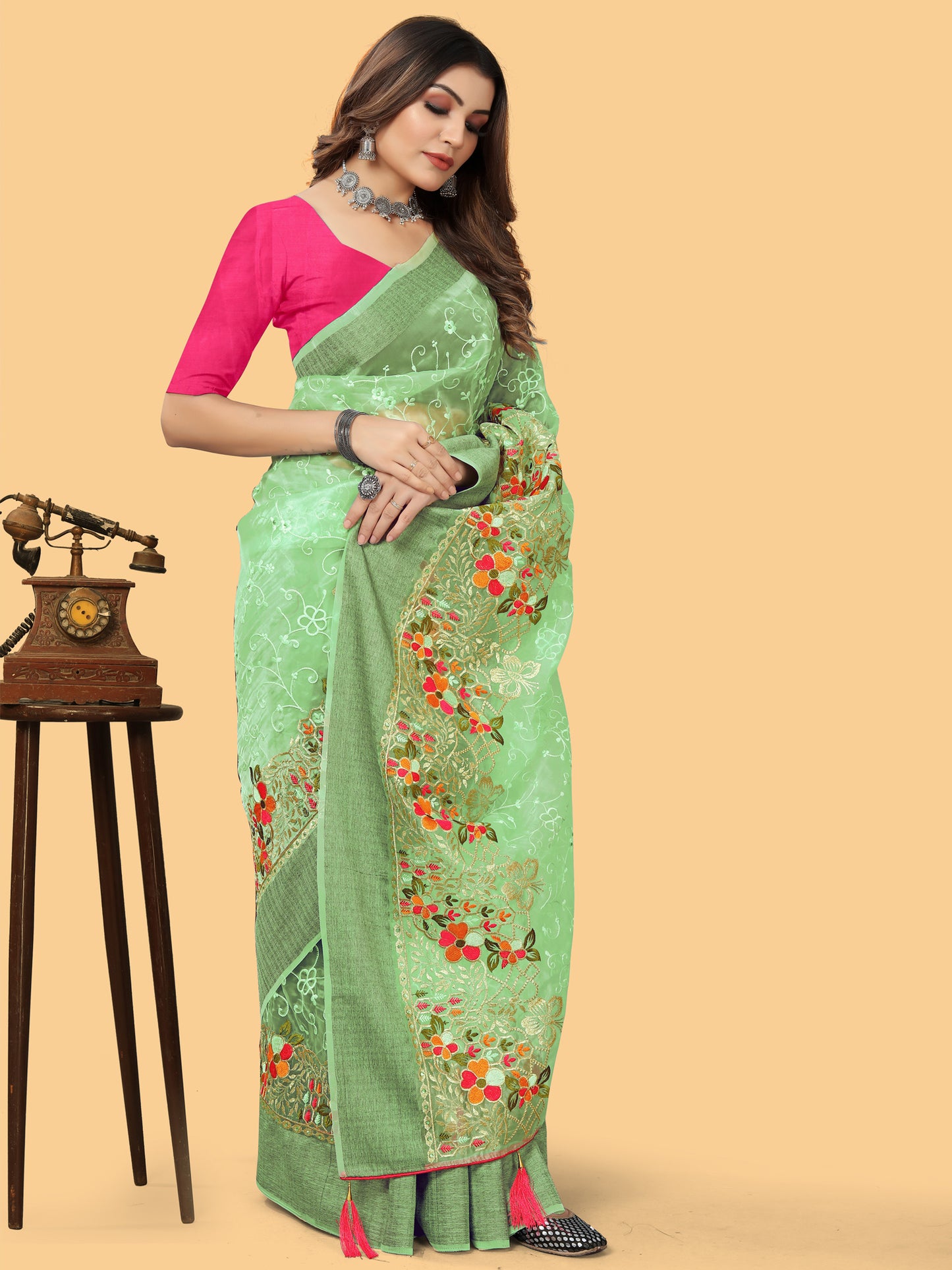 Women's Organza Light Green Embroidered Designer Saree With Blouse Piece