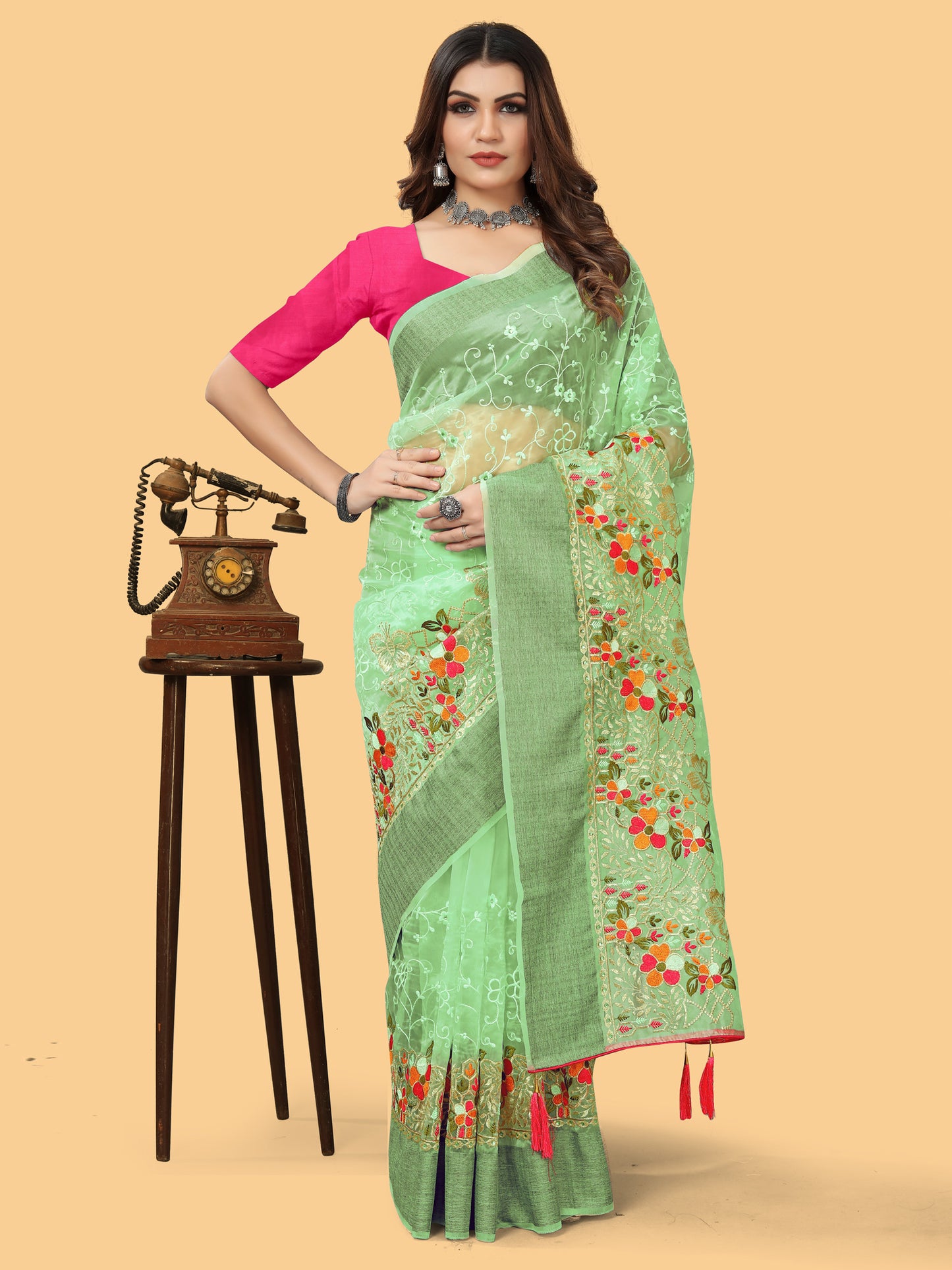 Women's Organza Light Green Embroidered Designer Saree With Blouse Piece