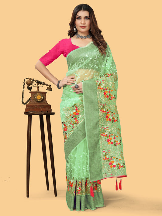 Women's Organza Light Green Embroidered Designer Saree With Blouse Piece