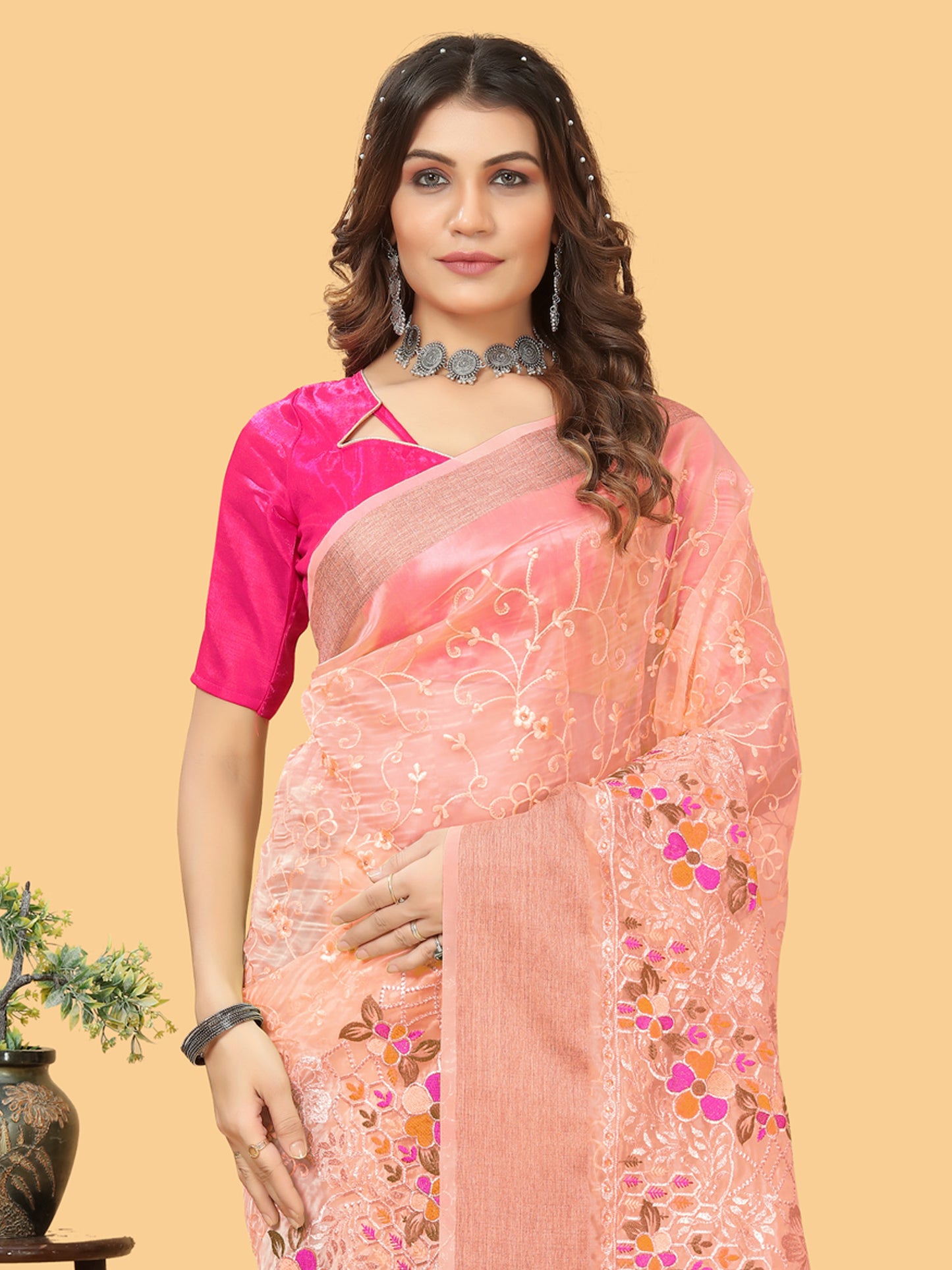 Women's Organza Peach Embroidered Designer Saree With Blouse Piece