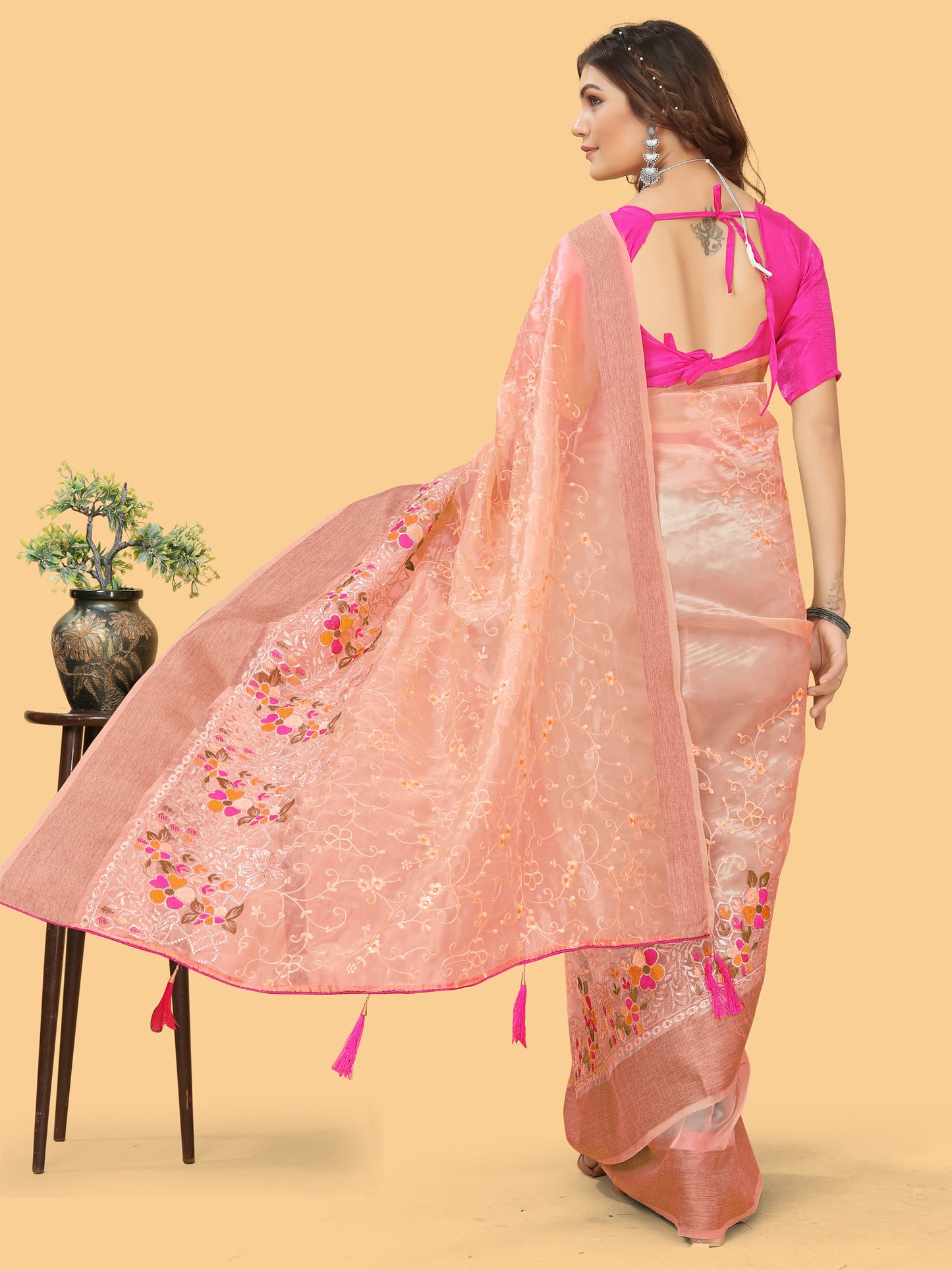 Women's Organza Peach Embroidered Designer Saree With Blouse Piece