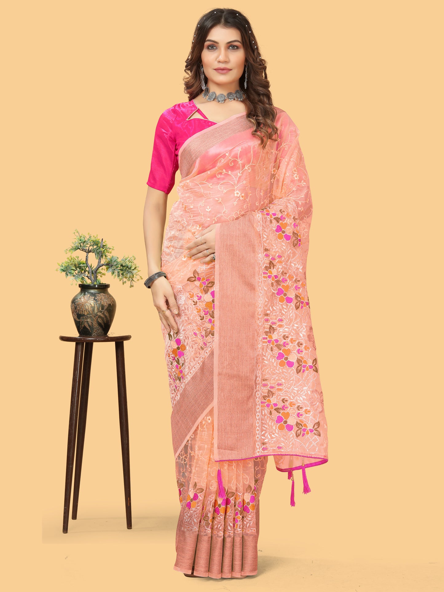 Women's Organza Peach Embroidered Designer Saree With Blouse Piece