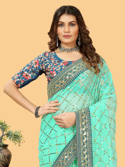 Women's Georgette Turquoise Embellished Designer Saree With Blouse Piece