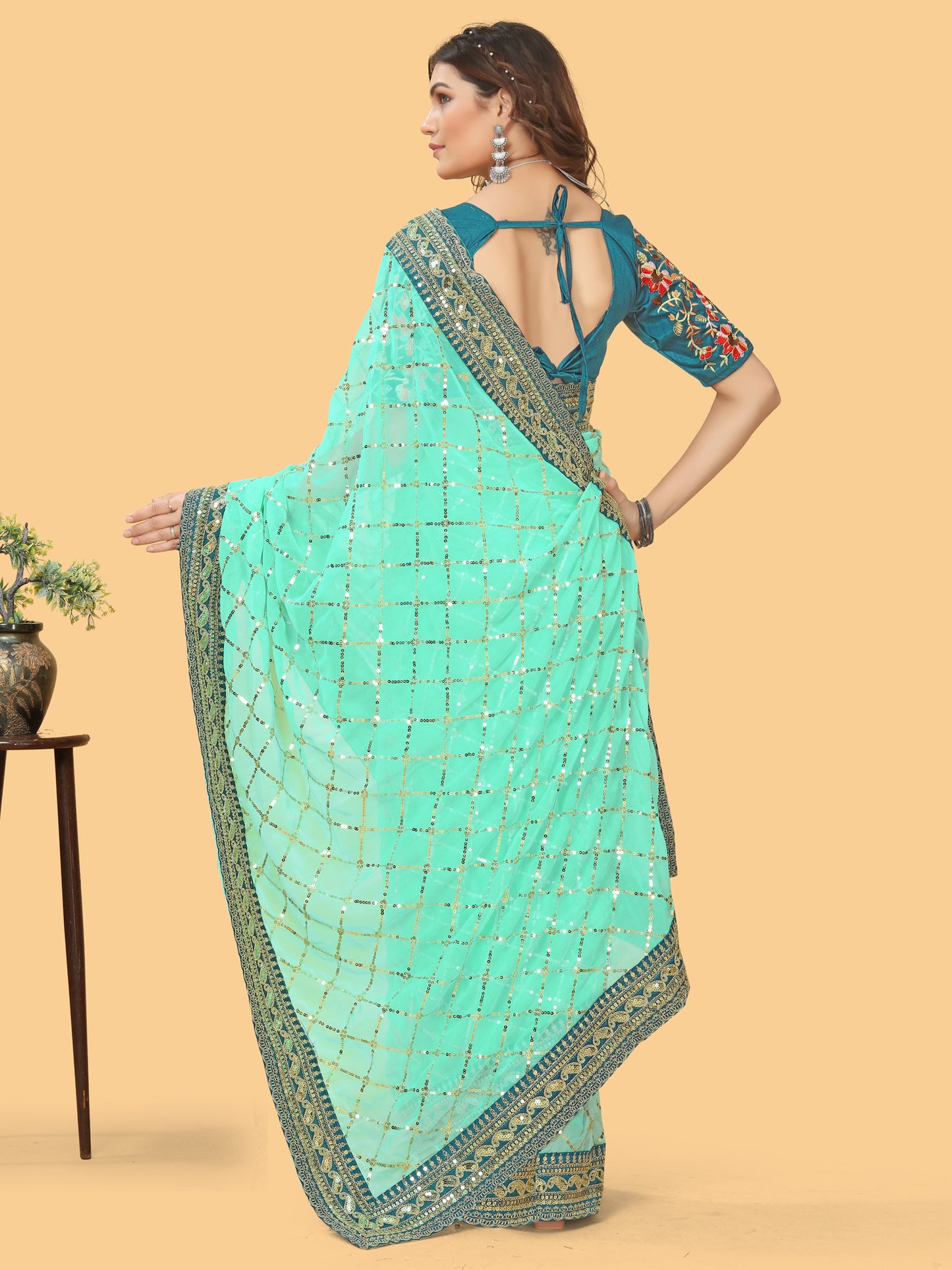 Women's Georgette Turquoise Embellished Designer Saree With Blouse Piece