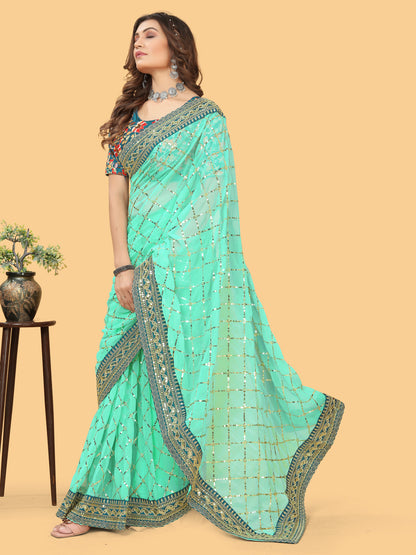 Women's Georgette Turquoise Embellished Designer Saree With Blouse Piece