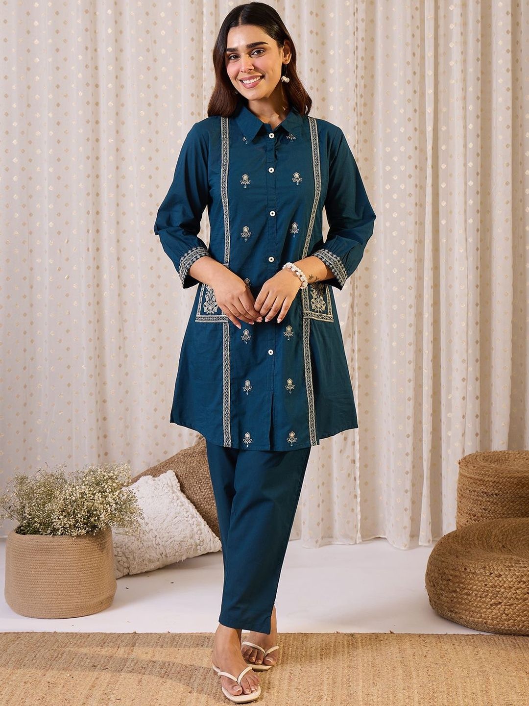 Dhiyona IE Floral Embroidered Shirt Collar Thread Work Pure Cotton Kurta & Trousers