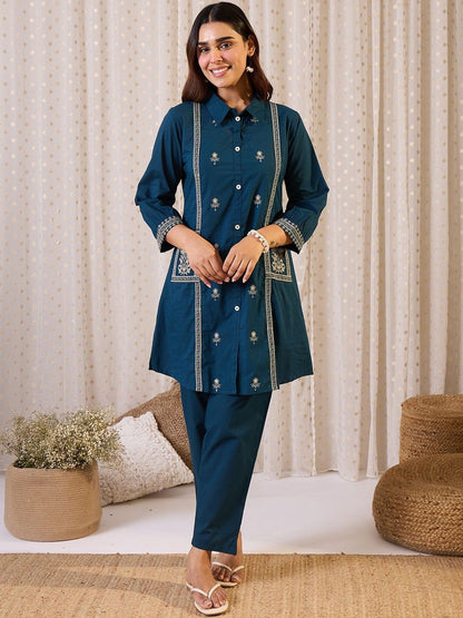 Floral Embroidered Shirt Collar Thread Work Pure Cotton Kurta & Trousers