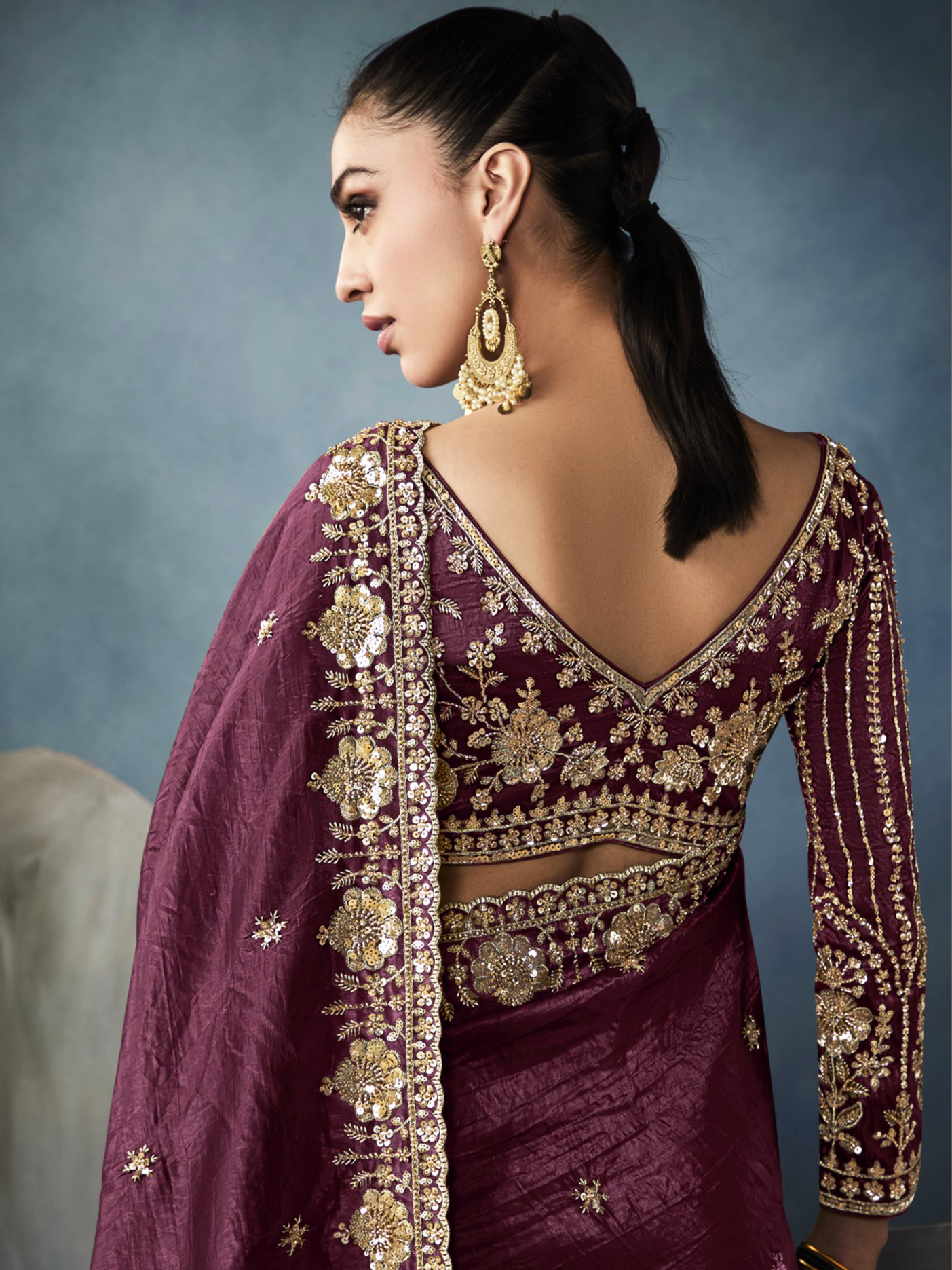 Dhiyona KM Women Wine Tissue Embroidered Fancy Heavy Border Saree