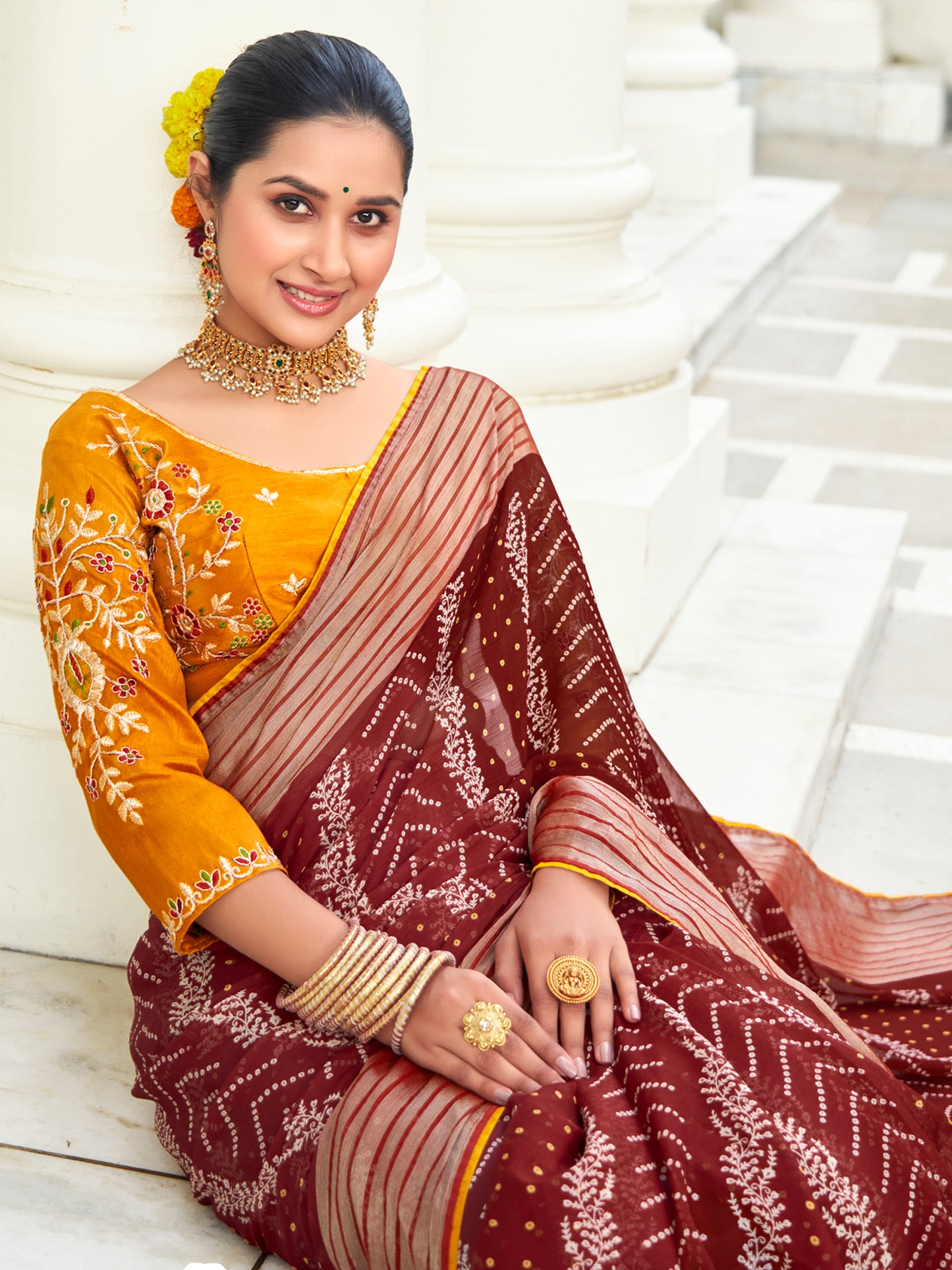 Women's Chiffon Maroon Embellished Designer Saree With Blouse Piece