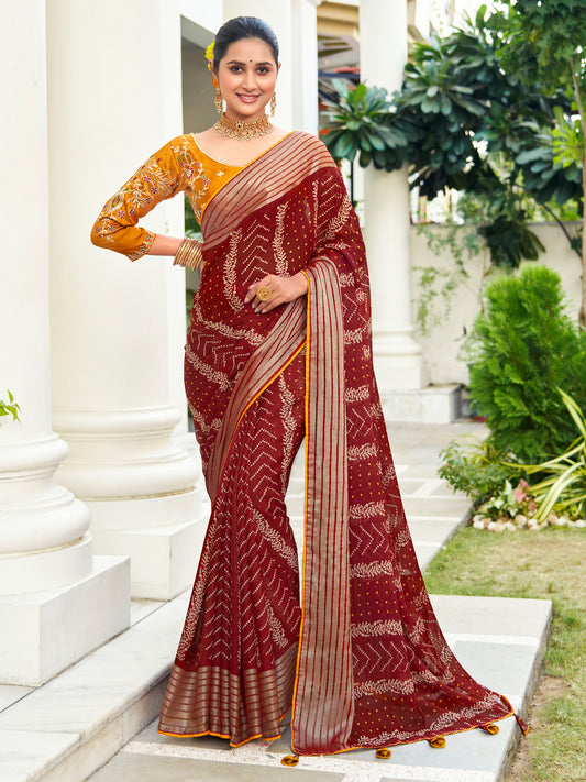 Women's Chiffon Maroon Embellished Designer Saree With Blouse Piece