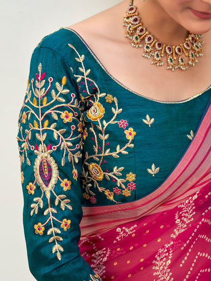 Women's Chiffon Pink Embellished Designer Saree With Blouse Piece