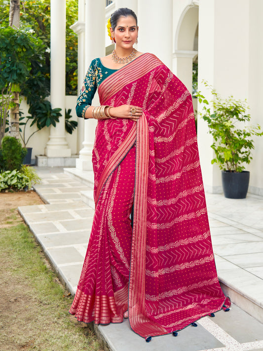 Women's Chiffon Pink Embellished Designer Saree With Blouse Piece