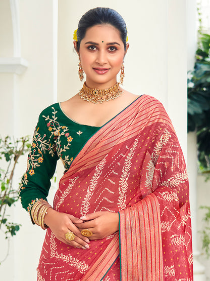 Women's Chiffon Red Embellished Designer Saree With Blouse Piece
